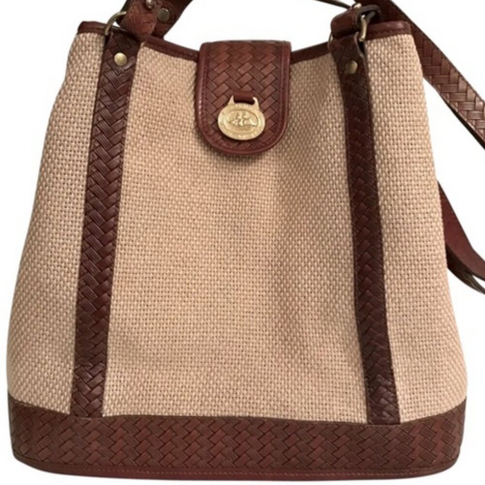 Vintage Brahmin Harbor khaki woven shoulder bag with brown leather trim handles